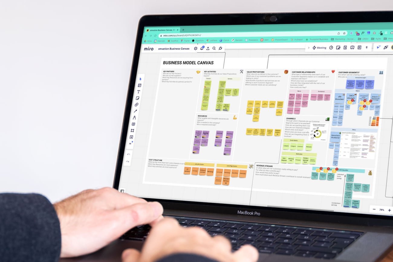 Eine Person, von der nur die Hände zu sehen sind, arbeitet in Miro an einem Business Model Canvas.